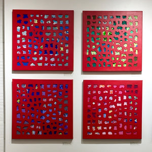 Mixed Media Square Quadritypch, Red Oil Painting, Elaine Kuckertz
