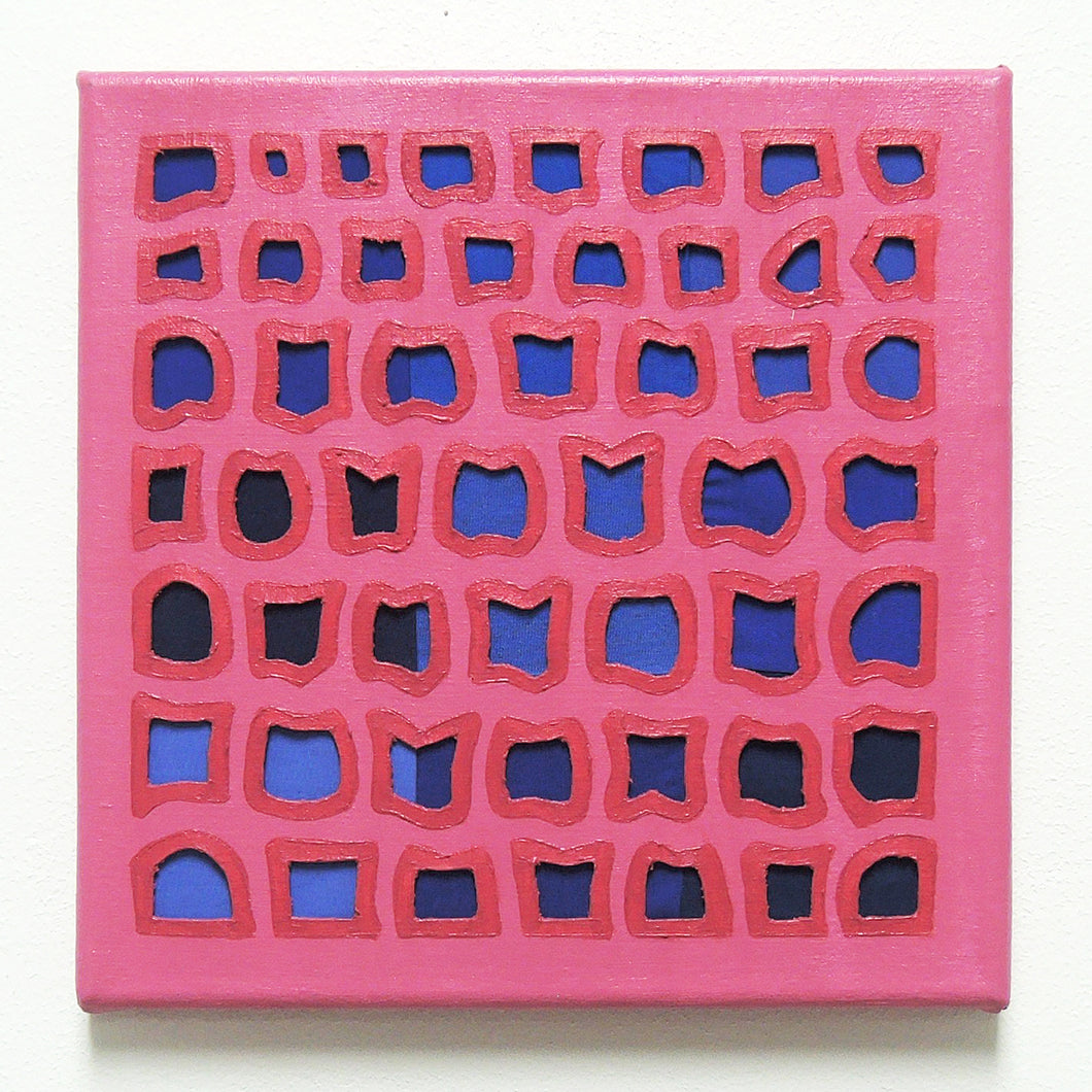Pink acrylic painting with blue fabric piece, mixed media, Elaine Kuckertz