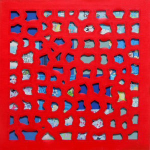 Mixed Media Square Painting in Red & Blue, Oil Painting, Elaine Kuckertz